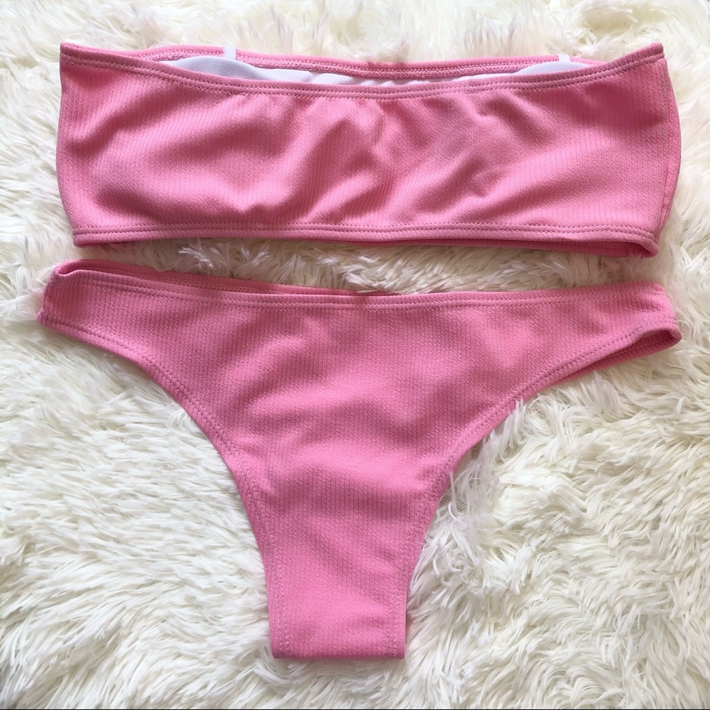 New Large Ribbed Pink Bikini Top & Bottom Set - Picture 5 of 6